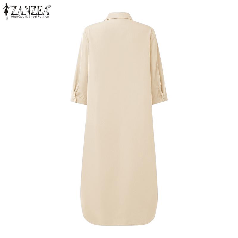 ZANZEA Women Casual Turn Down Collar 3/4 Sleeve Loose Embroidered Shirt Dress