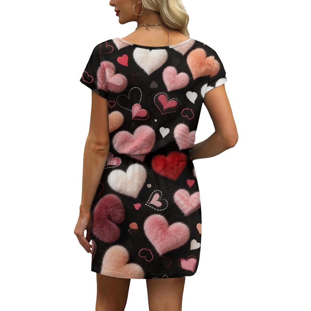 Women's V,Neck Short,Sleeve Drawstring Pocket Valentine's Day Print Casual Dress