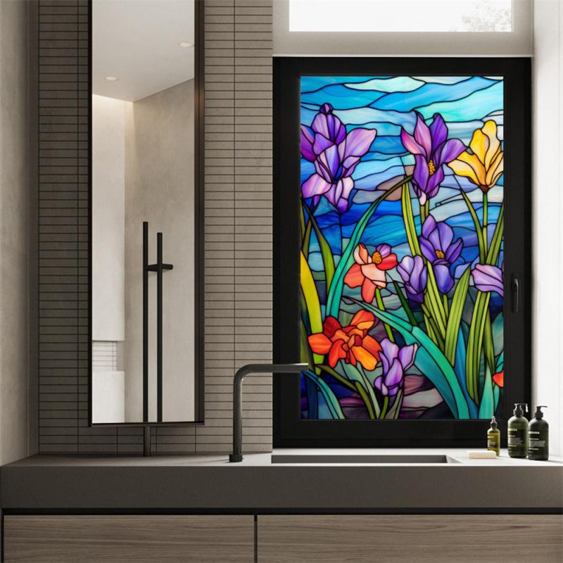 Window Privacy Film Static Clings Decals Colorful Orchid Pattern Adhesive Free Removable Anti UV