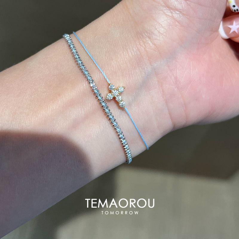 

Сделай сам Самодельный S925 Стерлинговое Серебро Крест Стразы Крест Озеро-Голубой Ультратонкий Плетеный Веревочный Браслет Женский Ремешок для Ношения Браслет Two-piece set