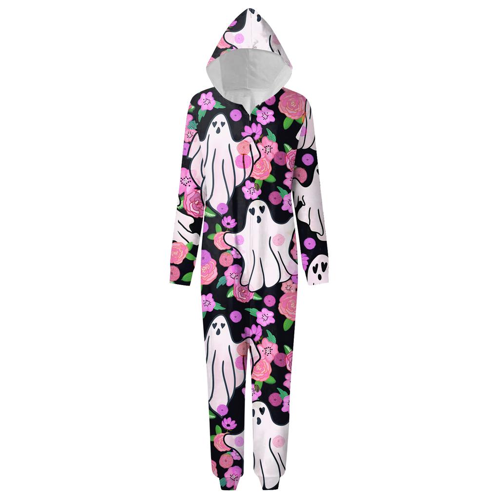 Halloween Printed Family Matching Hooded Long Sleeved Zippered Hooded Jumpsuit Set