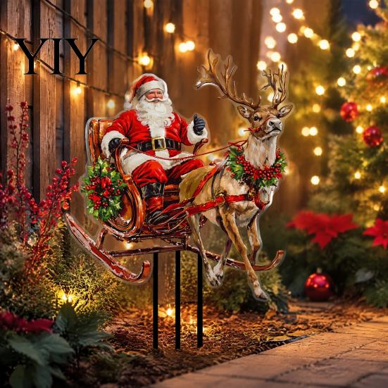 Christmas Garden Stakes Santa Claus Stake, Acrylic Yard Sign, Retro Style Outdoor Decor Reindeer Sleigh Ornament for Lawn Patio Planter Winter Accents