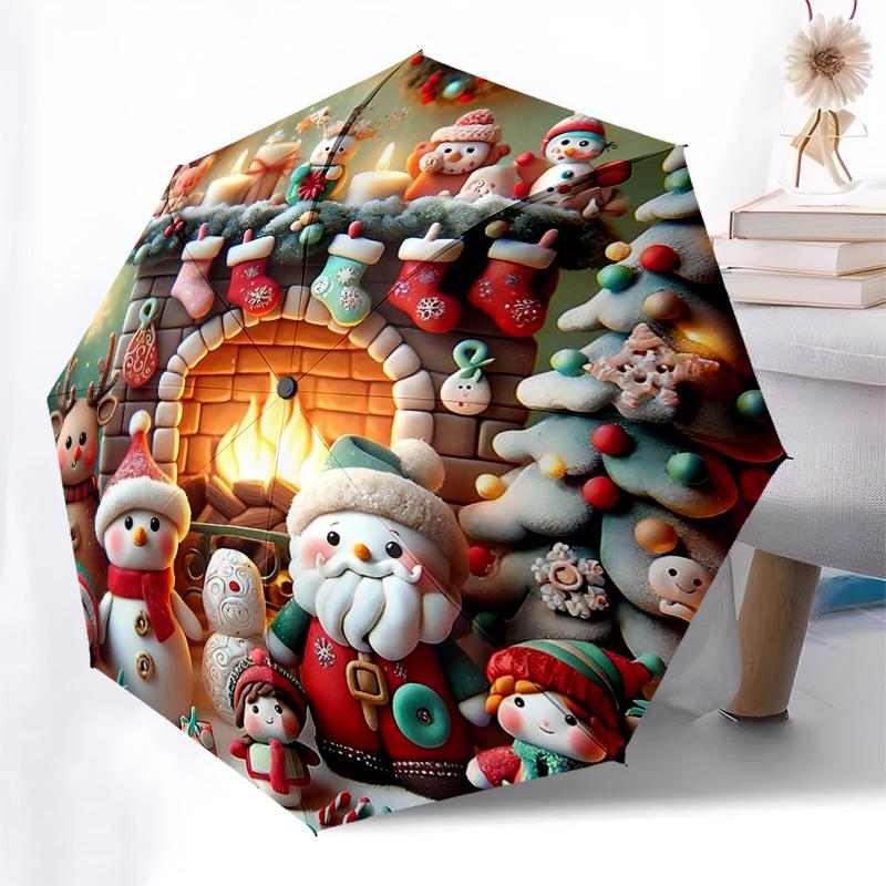

1pc Christmas Winter Wonderland Scene with Santa Claus and Festive Decorations Automatic Opening Umbrella with Foldable Design, 8-Iron Frame, Perfect