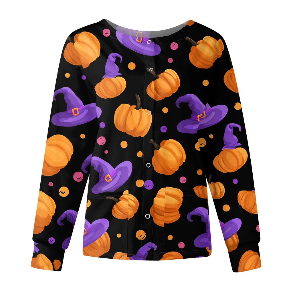 Women's Casual Fashion Long Sleeve Standing Collar Single Breasted Halloween Printed Workwear Jacket Tops