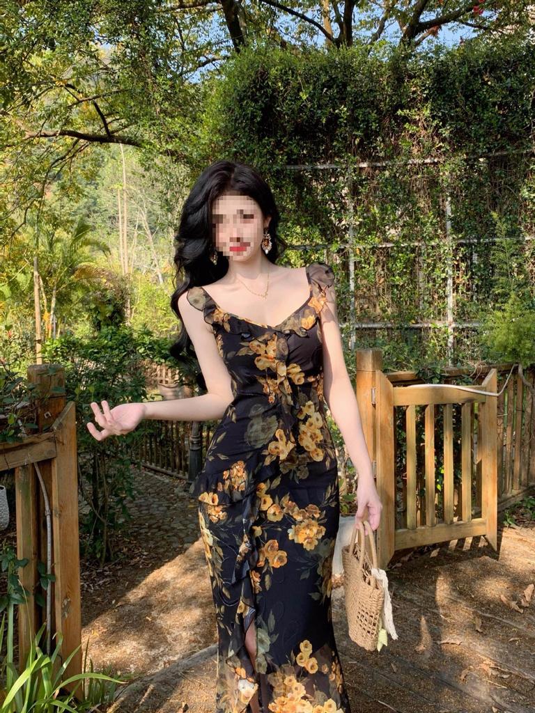 Large Size French Ruffle Leaf Edge Floral Suspender Dress Women's Summer Fat Mm Waist and Thin Split Fork Holiday Long Skirt