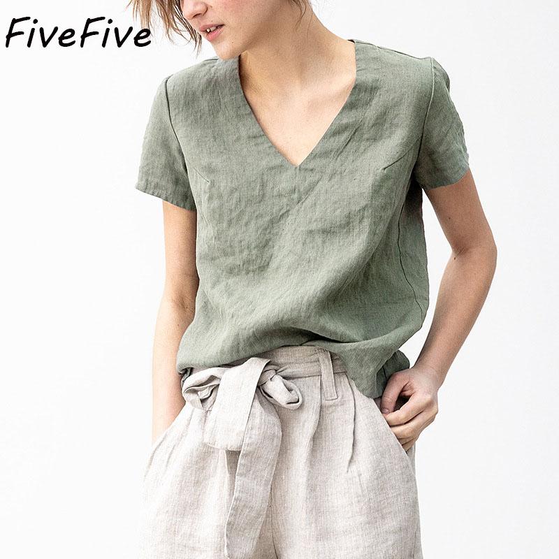 

FiveFive женские футболки летние свободные льняные футболки с v-образным вырезом для отдыха женская футболка с коротким рукавом