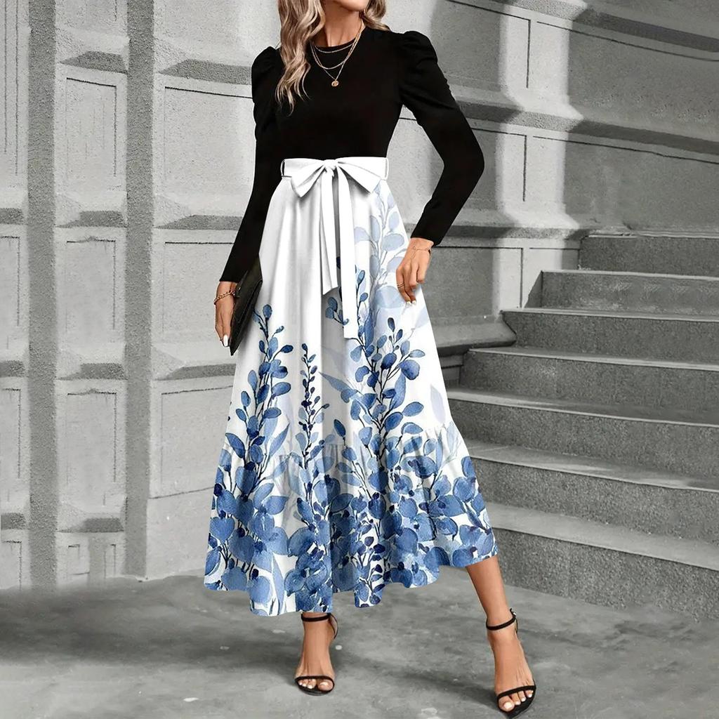 Women's Floral Print High Waist Fashionable And Elegant Dress
