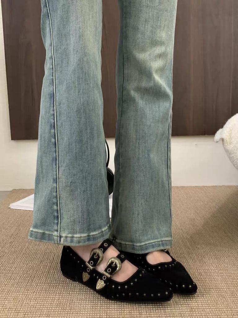 Retro niche rivet pointed Mary Jane women's shoes 2025 new inner height increase suede versatile commuter shoes women