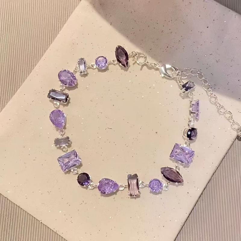 Sparkling Colorful Zircon Crystal Bracelet for Women Polished Metal Chain Lightweight Wrist Jewelry for Casual Party Wear