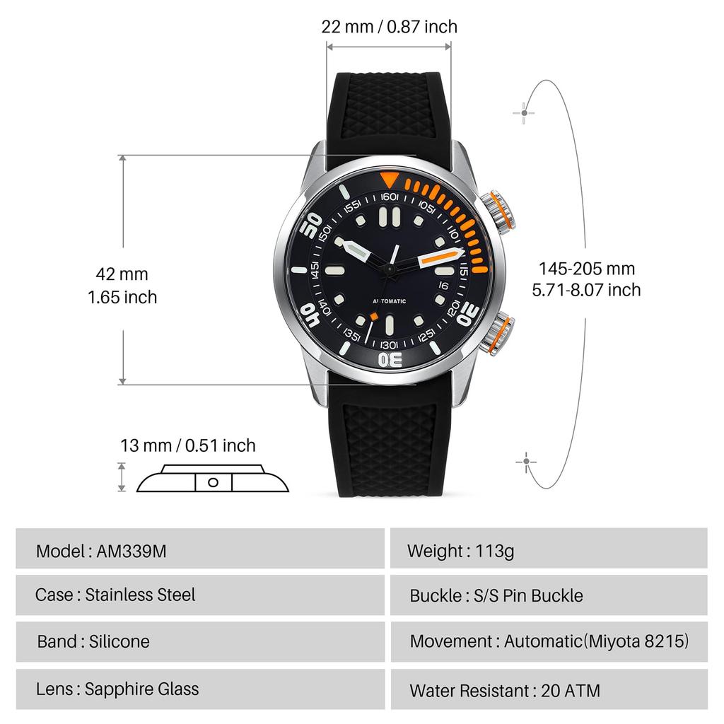 BERNY Automatic Diving Watch 20ATM Water Sapphire Comfortable Silicone Automatic Manual Black Men's Resistance, Crystal, Strap, Ultra-Bright