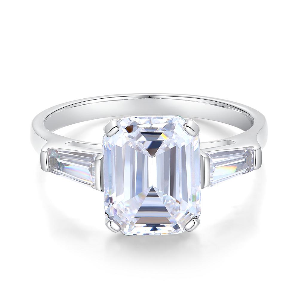 Jiu Mei Emerald Cut Zircon & High Carbon Diamond Ring In S925 Sterling Silver