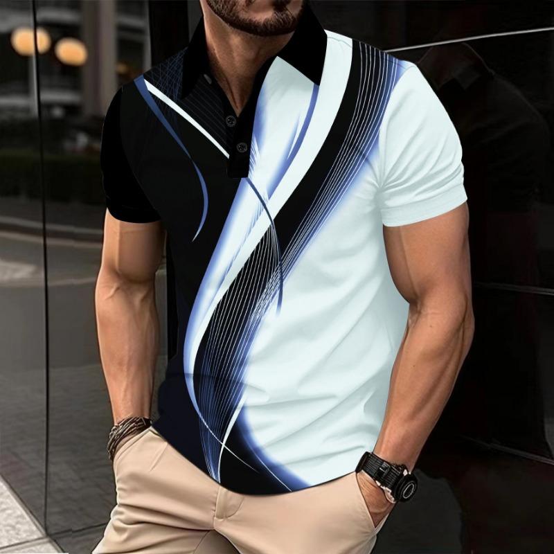 Men's Casual Polo Shirt Printed Collar Button Business Color Blocked Versatile T-shirt