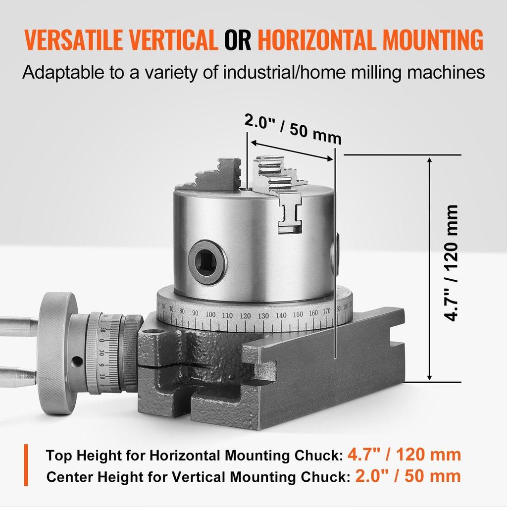 Rotary Table for Milling Machines, 100 mm, Horizontal Vertical Model Precision Milling Rotary Table, with 80 mm 3-Jaw Chuck M10 T-Bolts Nuts, for