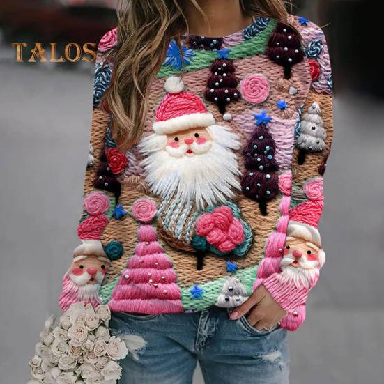 Julegenser Dame 3D Juletre Hus Trykk Rund Hals Langermet Topper Lett Ferie Genser Topper