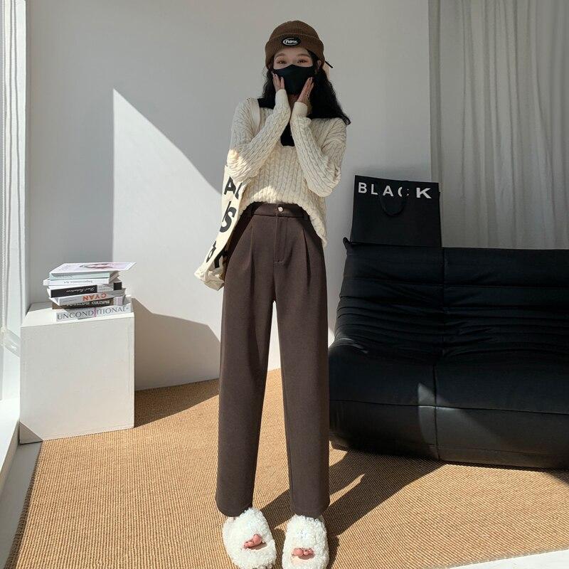 Autumn Winter High Waist Warm Thicken Wide Leg Pant Elegant Office Ladies Causal Loose Solid Simple Elegant Straight Trouser