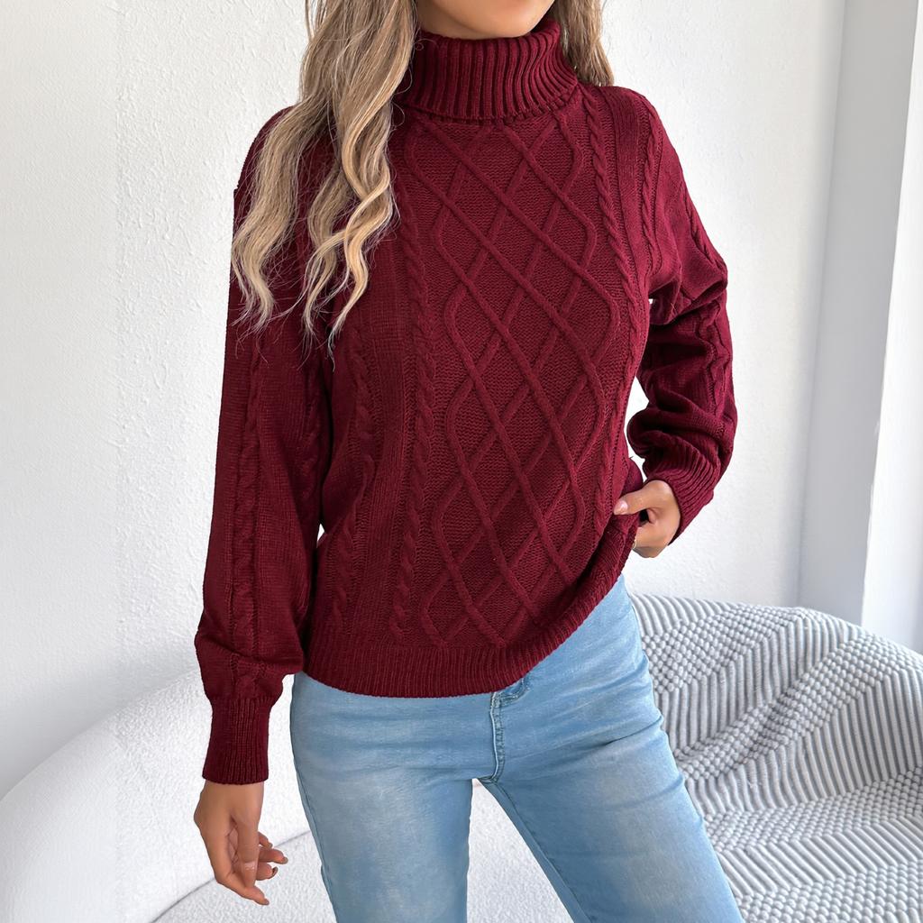 Suéter de punto trenzado de cuello alto de color para mujer con mangas