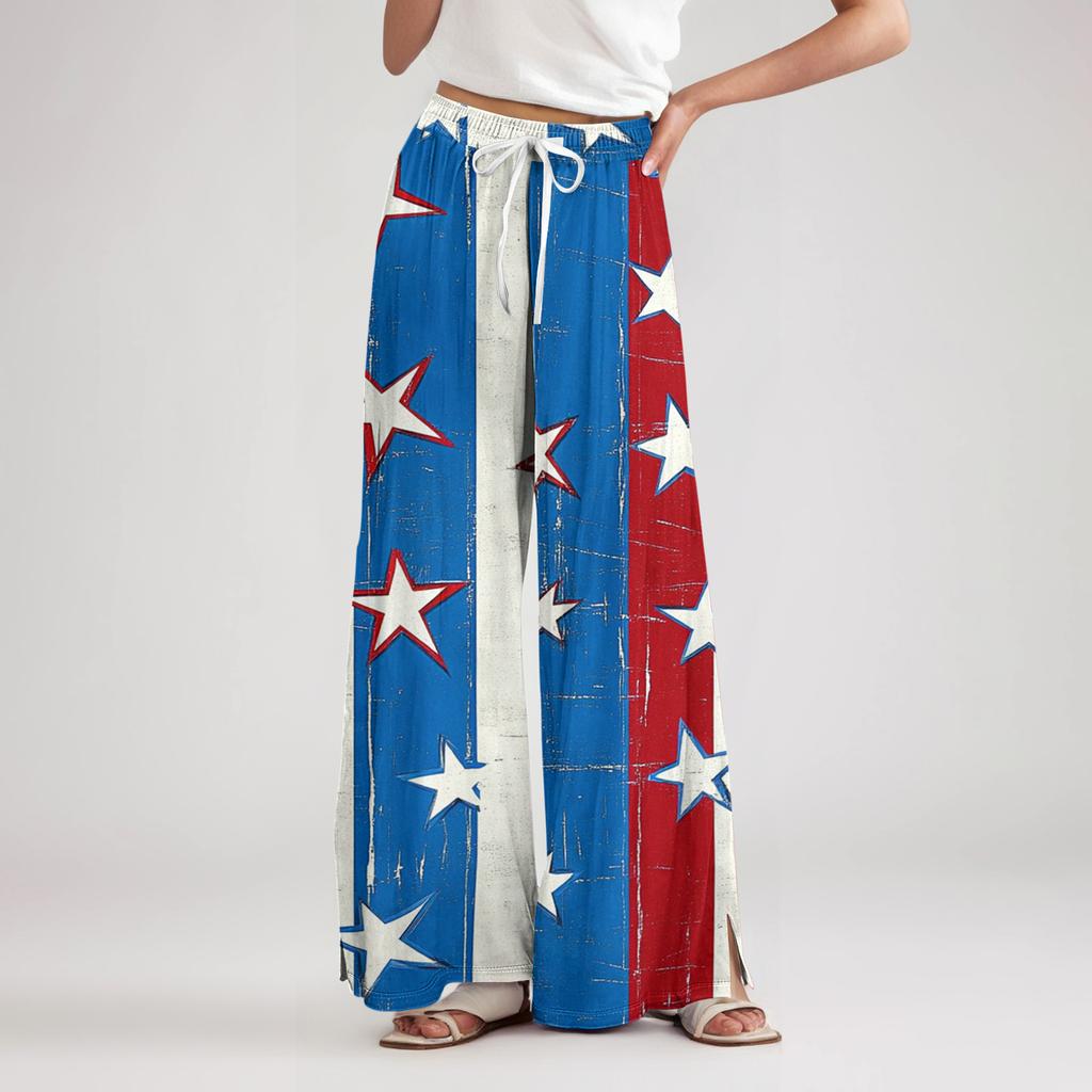 Ladies' loose casual independent day printed wide leg pants with elastic waist drawstring and pocket pants
