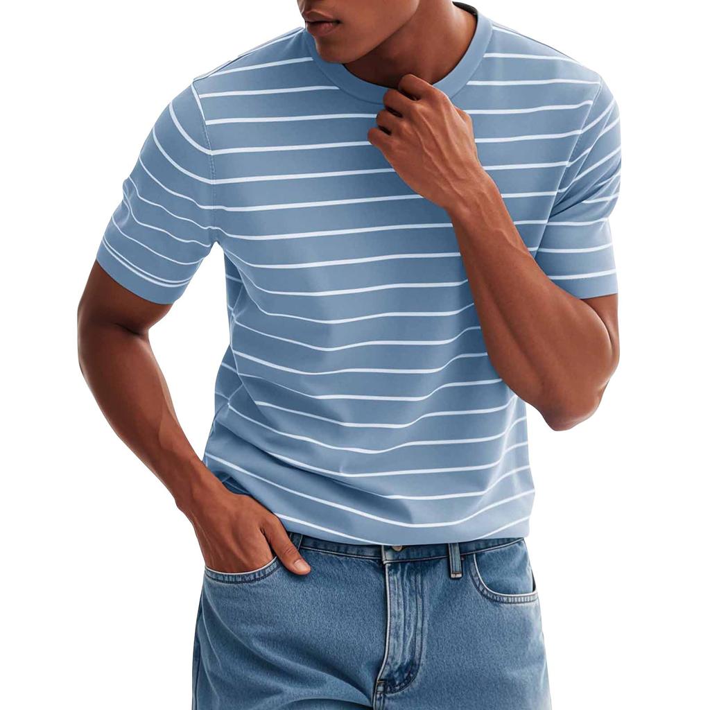 Men's Fashionable Casual Stripe Print Round Neck Short Sleeve T-Shirt Top