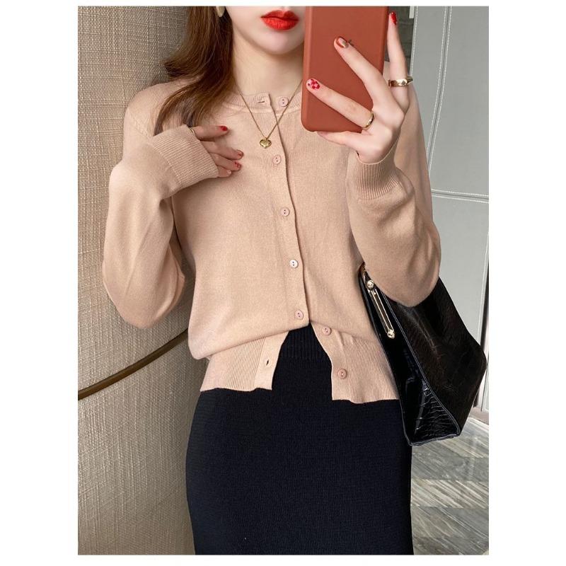 Cardigan in maglia basic da donna con scollo rotondo, manica lunga, bottoni, casual, maglione leggero