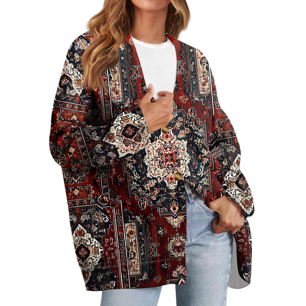 Women's Fashion Long Sleeve Print V-Neck Button Loose Cardigan Top