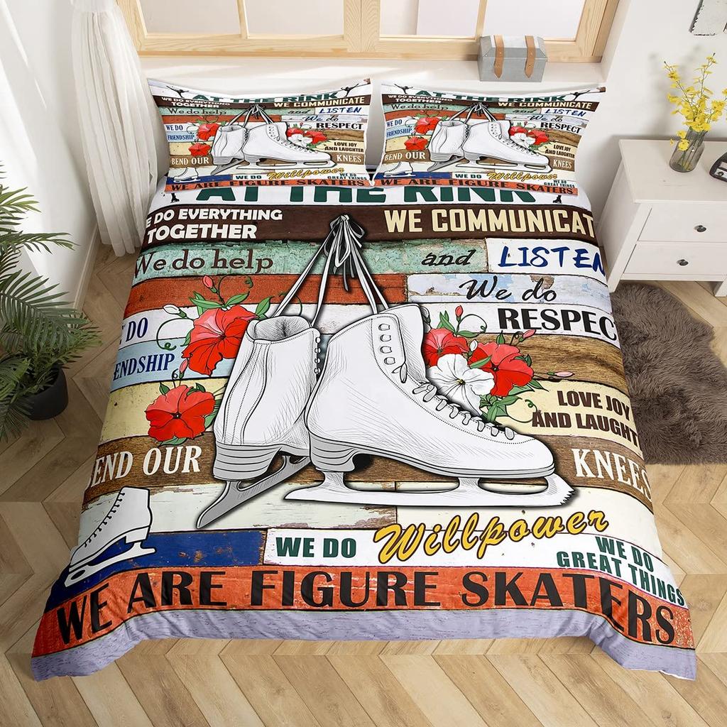 Ice Skating Duvet Cover Set For Kids Teens Queen Size Lightweight Down Quilt Covers 2 Pillowcases 1 Comforter Cover No Comforter