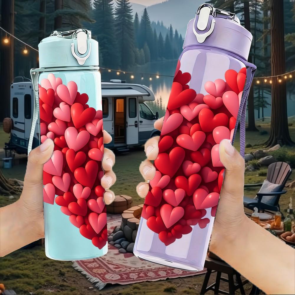 1PC Red Rose Heart Shape Print 750ml Color Plastic Sports Water Bottle Leakproof Flip Straw Lid Suitable for Sports Office Home Use