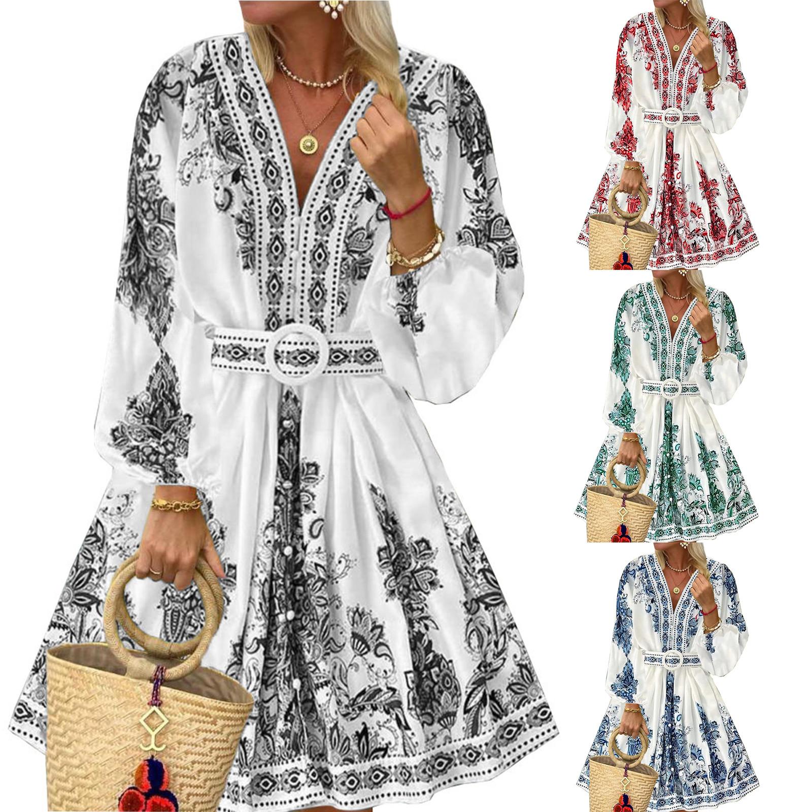 

Womens Spring Blue Floral Print Dresses Sleeve Dress Button Up Deep V Neck Dress With Belt XL чорний
