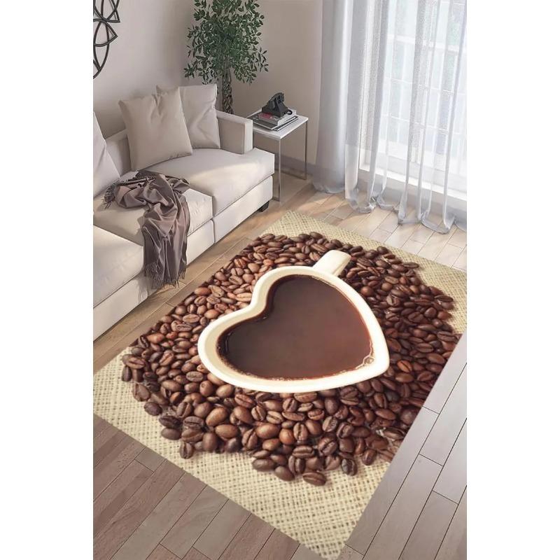 Creative Coffee Floor Mat Wood Design with Coffee Bean Border Mug Print Non-Slip Kitchen Rug for Cozy Cafe Vibe Warm Home Decor