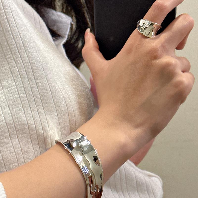 S925 Sterling Silver Textured Curved Ring - Korean Style Fashionable Jewelry