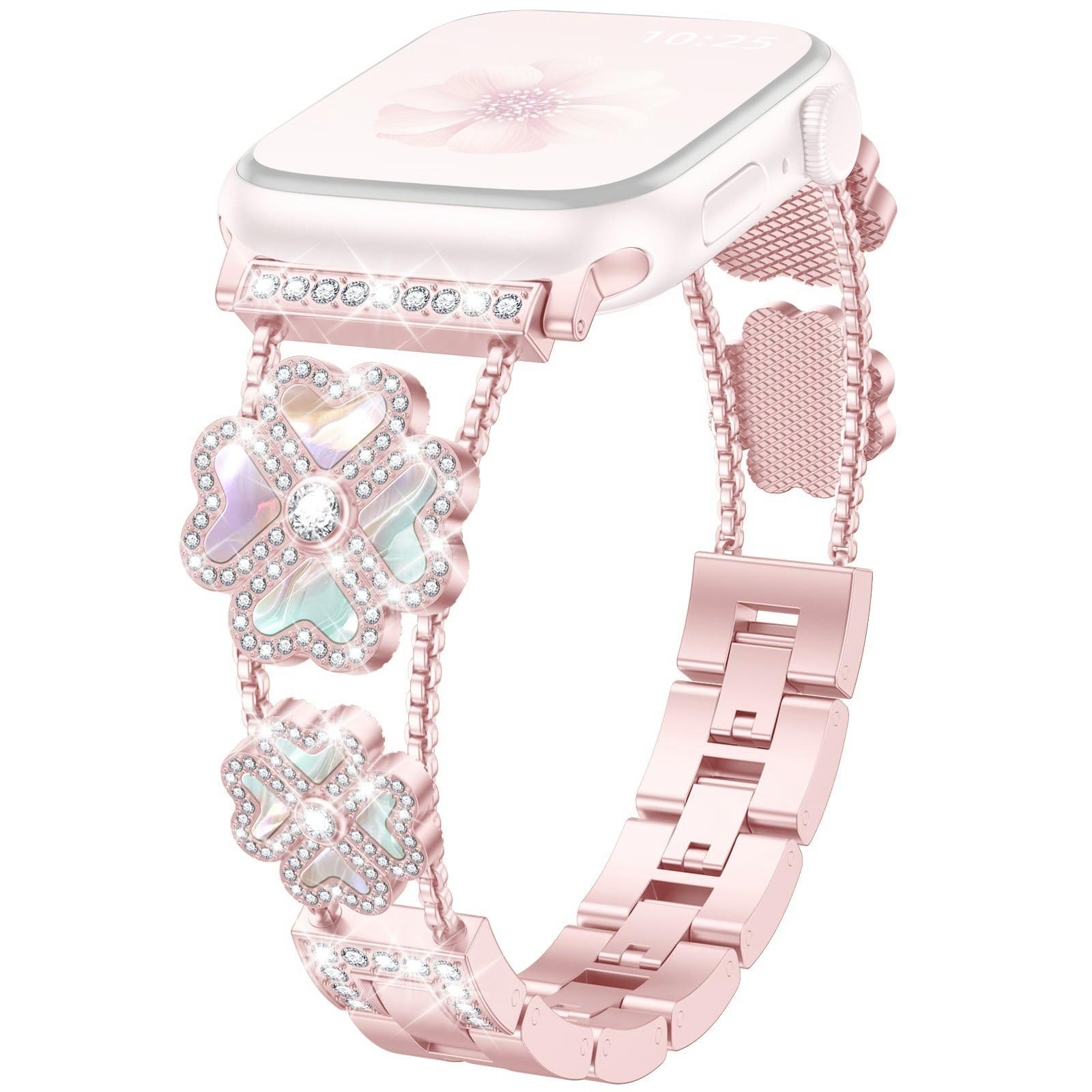 

Metal Strap for Apple Watch Series 10 9 8 7 SE 6 5 4 3 2 1 42mm 41mm 40mm 38mm Heart Clover Rhinestone Decor Watch Band Rose Pink/Colorful