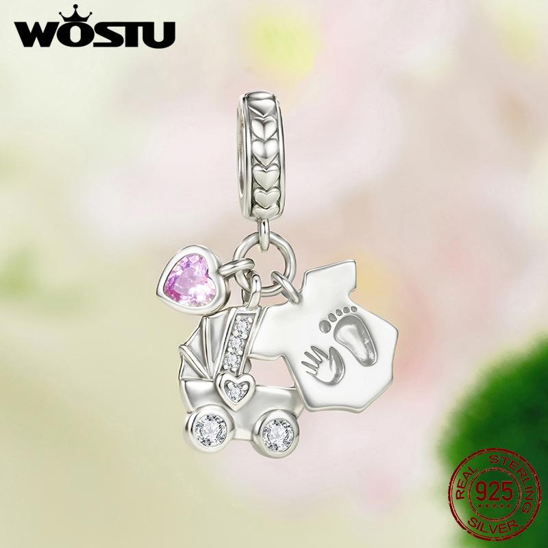 WOSTU 925 Silver Family Jewelry Serie Tree of Life Charm Heart Pink Sweet Home Bead Stroller S925 Pendant Fit DIY Bracelet Neck