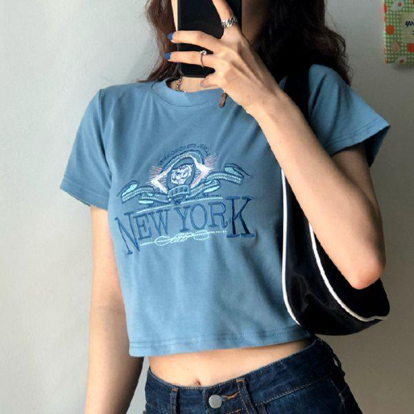 

Женская летняя футболка 2025 года в корейском стиле с вышивкой и короткими рукавами XL синий