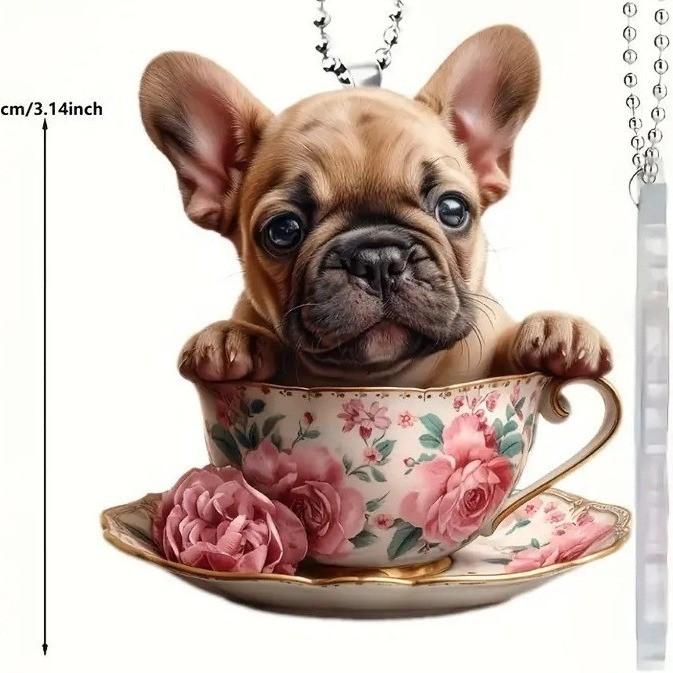 Creative Cartoon Acrylic Flat Dog Tea Cup Car Hanging Ornament For Interior Decoration