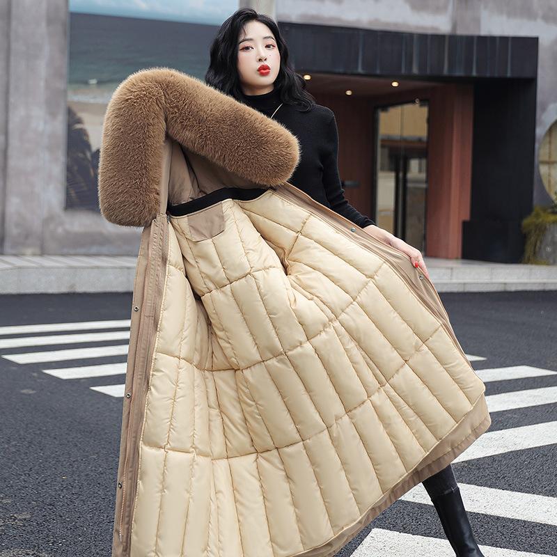 Elegant Plus Size Women's Parka - Mid-Length, Thick Fleece-Lined Winter Coat with Belt & Drawstring Details, Waterproof Polyester