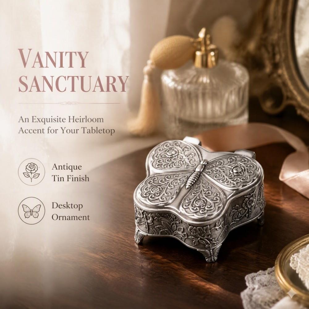 Alloy Material Vintage Jewelry Box Footed Base Stemmed Treasure Storage Case Home Decor