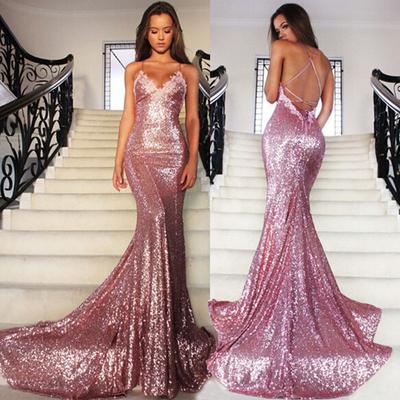 2026 Spring-Summer New Women's Long Sleeveless Dress: Straps, V-Neck, Sequins, Open-Back, Train for Evening and Bridesmaid