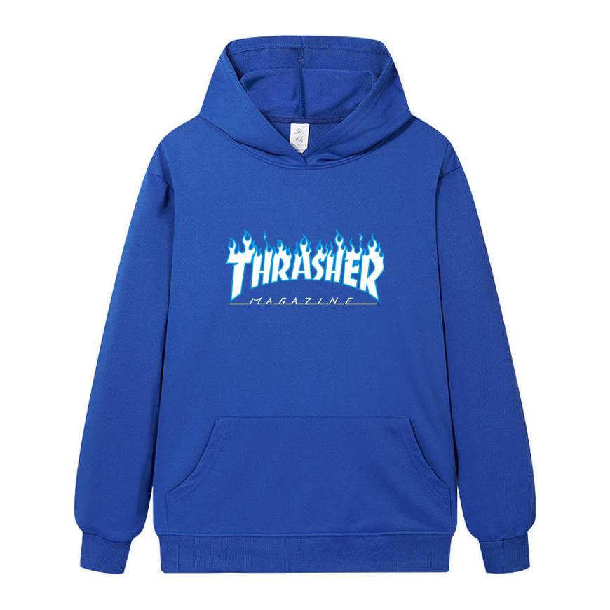 W02-2 Moletom com Capuz Unissex Thrasher Estampa de Chama Masculino Casual Solto Manga Longa Streetwear Pulôver
