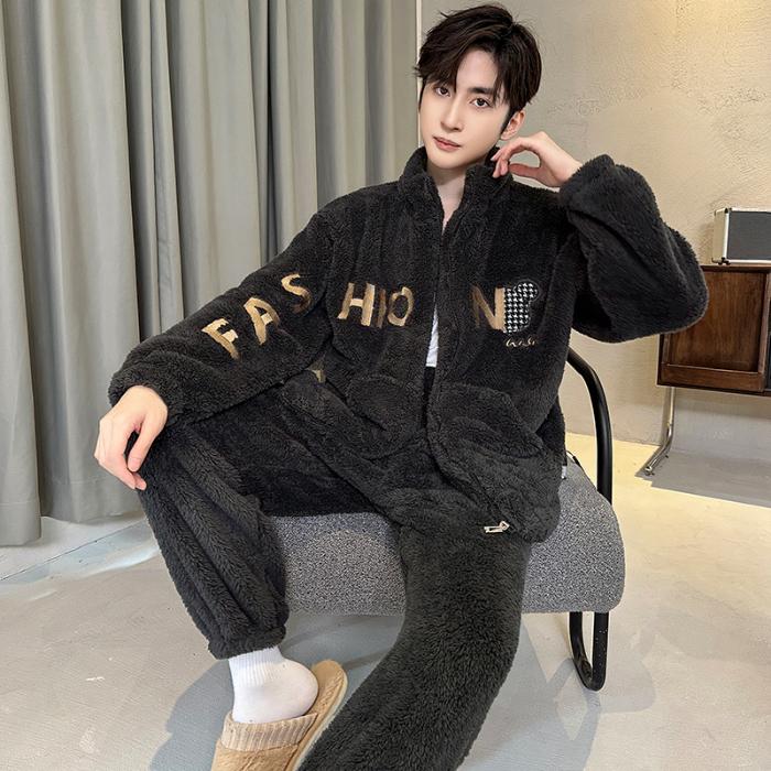 Autumn Winter Coral Fleece Men's Pajamas Set Thicken Flannel Warm Sleepwear Young Boy Loose Zipper Soft Pajama Fashion Cartoon Men Pyjama Home Wear