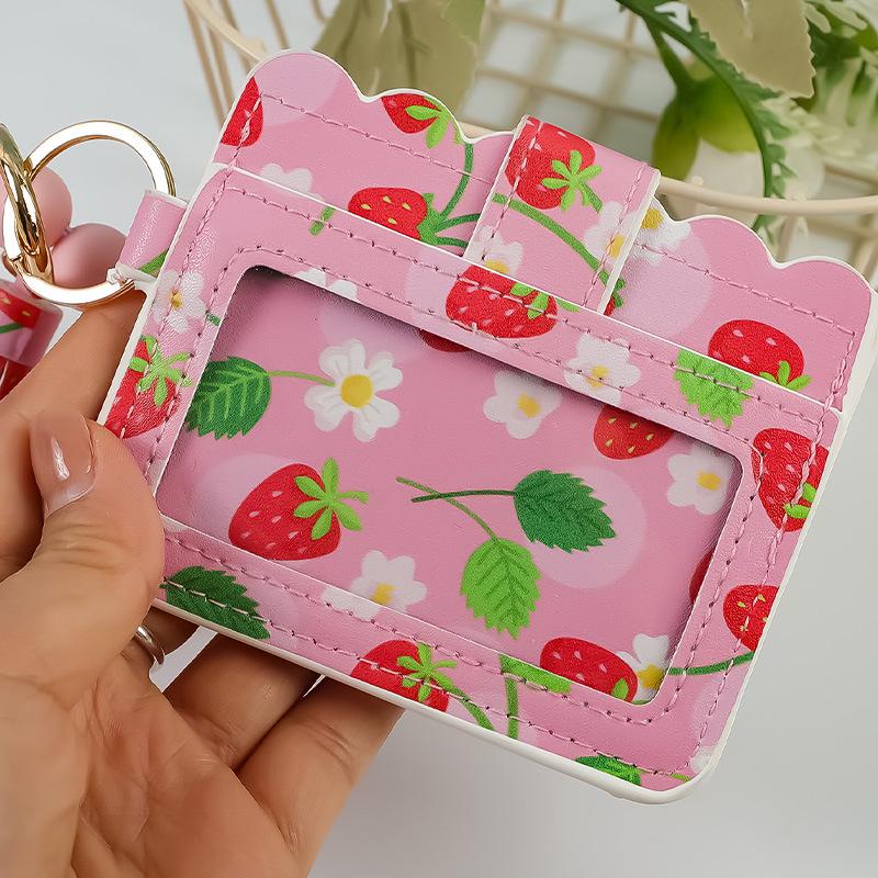 Fruit Print PU Card Holder with Beaded Keychain & Bracelet Wallet