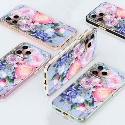 N48 Flower Peony Vase Golden Plating Edge Soft TPU Phone Case for Samsung S23 S24 S22 Ultra A14 A34 A54 A22 Huawei P40 Honor 90 Shockproof Back Cover