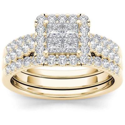 Elegant Gold Silver Color Inlaid with White Stone Rings Set Square Round Party Engagement Wedding Rings for Women Jewelry