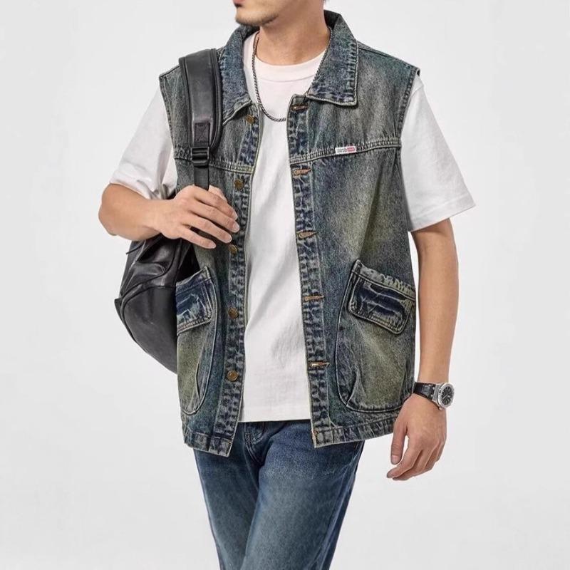 Mens Retro Denim Vest Loose Large Size Sleeveless Casual Work Jacket Vest