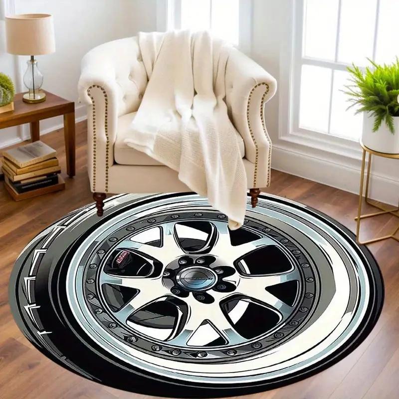 Silvery Black Wheels Printing Round Carpet Living Room Bedroom Kitchen Bathroom Floor Mat Soft Circle Rug Birthday Decor