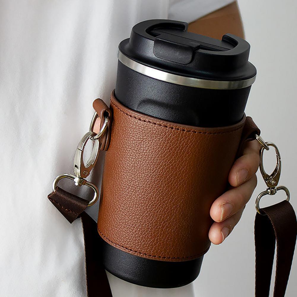 Universal Beverage Cup Bag Portable Strap Faux Leather Beverage Cup Sleeve Coffee Cup Holder Hanging Strap