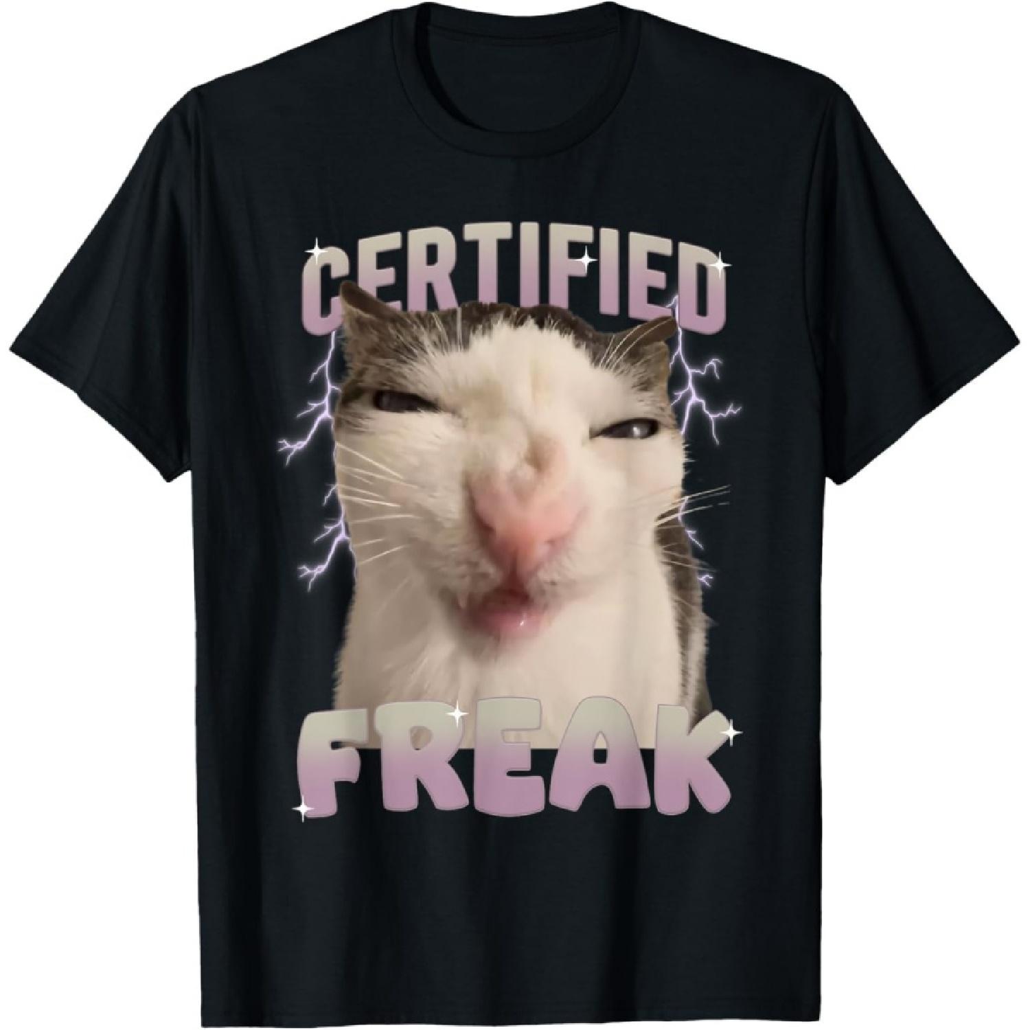 iFreya Cat Meme Certified Freak Eat Cement Cursed Cat Funny T-Shirt S