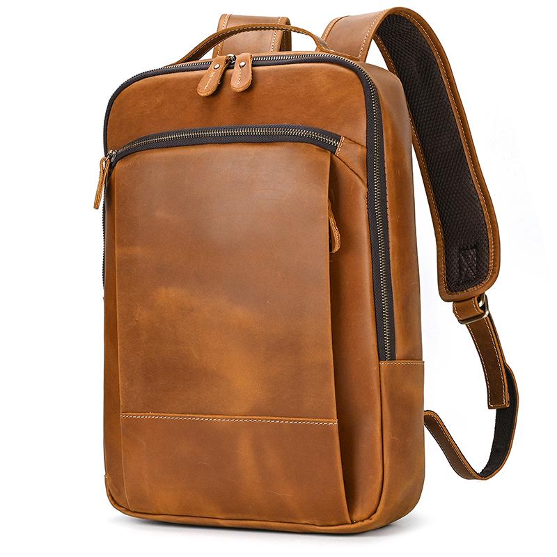 Vintage Travel Backpack leather double zipper bagpack male crazy horse leather backpack handmade leather travel bag men bag