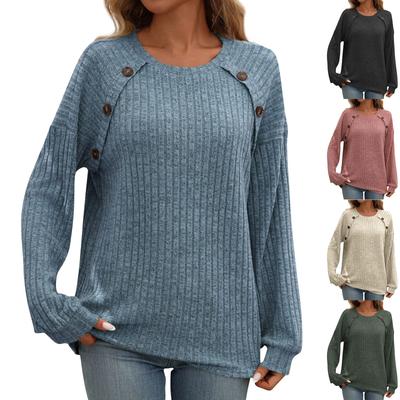 Ladies' Fashion Solid Color Round Neck Long Sleeve Button Casual T-shirt Top