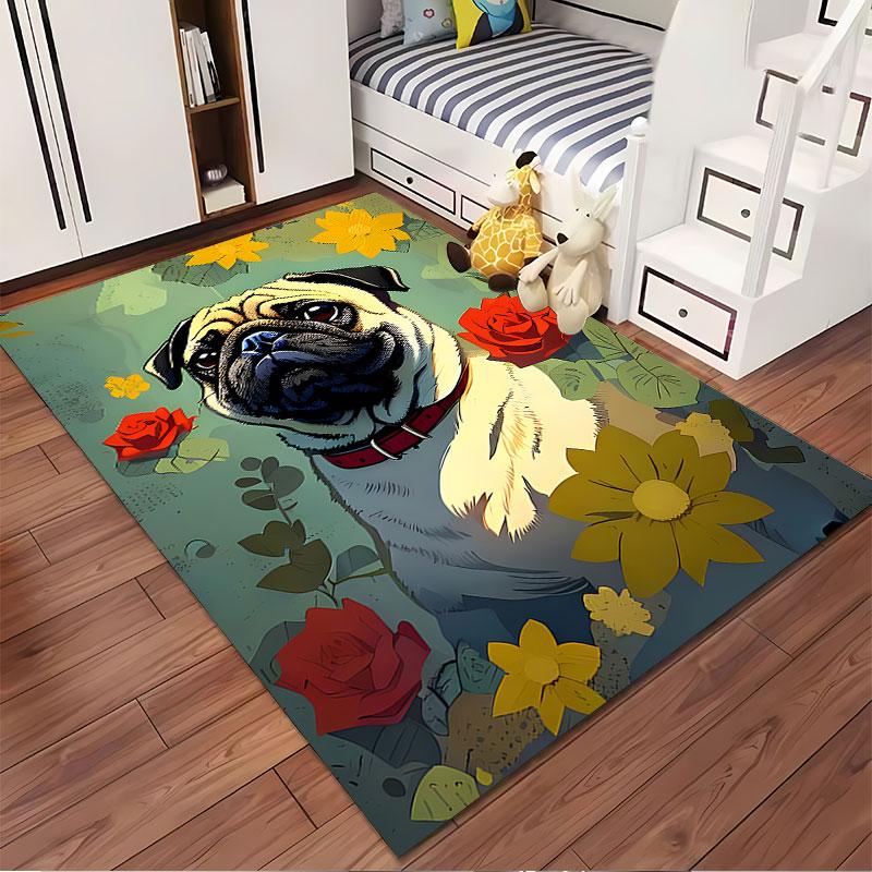 Pug Dog with Colorful Flowers suitable as a non-slip mat for the living room or bedroom sofa