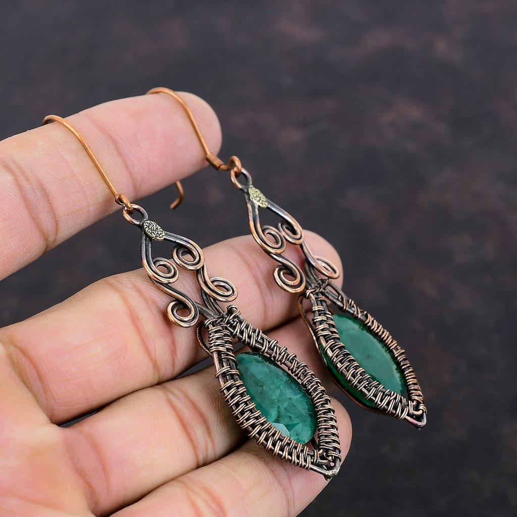 Faceted Zambian Emerald Earring Copper Wire Wrapped Earring Unique Copper Design Jewelry Handmade Earrings Gemstone Jewelry Gift For Bridal