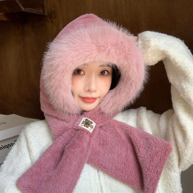 

Милая плюшевая шапка-шарф, интегрированная шапка для женщин на зиму, толстая ветрозащитная цельная шапка, холодный теплый шарф, шапка с защитой ушей, трендовая